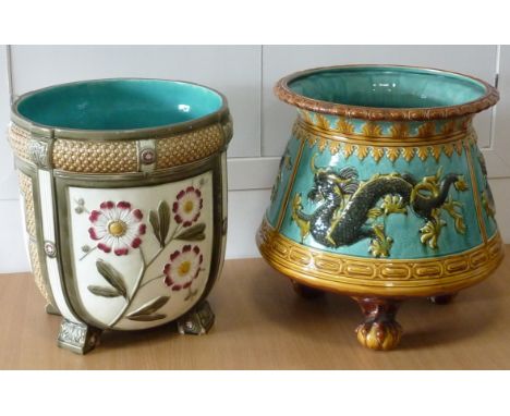 ADDED LOT    Two 19th century Majolica ceramic Planters, one decorated with dragons in the Chinese style, the other in the Ae