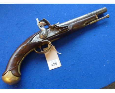 A late 18th or early 19th century British military flintlock pistol, badly pitted 9" barrel,  lockwork worn, damage to (muzzl