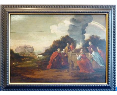ADDED LOT     A 17th/18th Century Old Master style framed Flemish Oil on Panel, "Noah Giving Thanks After The Flood,. By Way 