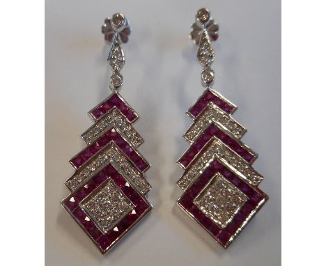 A pair of geometric Art Deco style ruby and diamond Earrings 