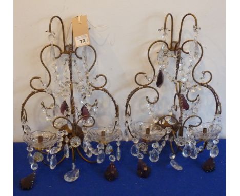 A pair of French gilt brass Wall Lights with clear and amethyst droppers (for re-wiring) 