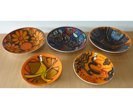 ADDED LOT    Five Poole Studioware Bowls, one red, blue and stone coloured, the others predominantly with orange ground, the 