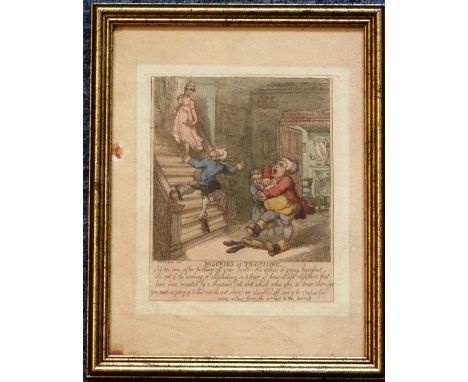 Thomas Rowlandson (1756-1827), a gilt framed and glazed (later) hand coloured comical Caricature Etching, "Miseries of Travel