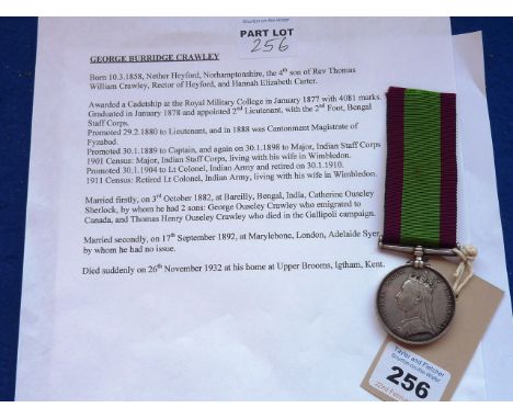 A good 'Bowles Battalion' Afghanistan War Medal to LT. G.B. CRAWLEY 22ND BEN. N.I..  Lieut.-Col George Burridge Crawley (1858