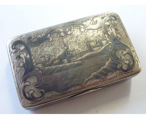 A 19th century Russian hallmarked silver Snuff Box of rectangular section, the two surfaces with niello-work decoration depic