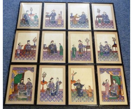 A very fine set of twelve ebonised framed and glazed (later) 19th Century Chinese rice paper Paintings depicting high ranking