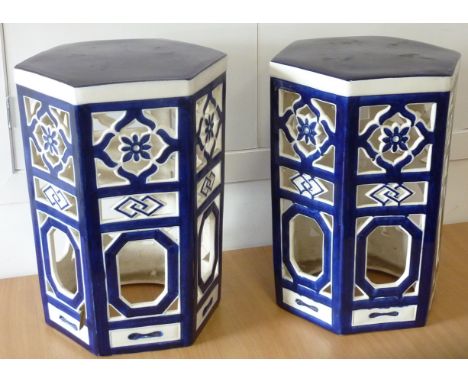 ADDED LOT    A pair of hexagonal blue and white ceramic Garden Seats, each approx. 48cm high 
