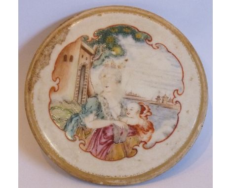 A rare mid-18th century Chinese circular porcelain Disc, one side decorated in famille-rose enamels with a mother and child (