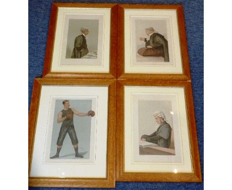 Vanity Fair, four bird's eye maple framed and glazed (later) late 19th Century colour Prints (three after Spy, one after Ape)