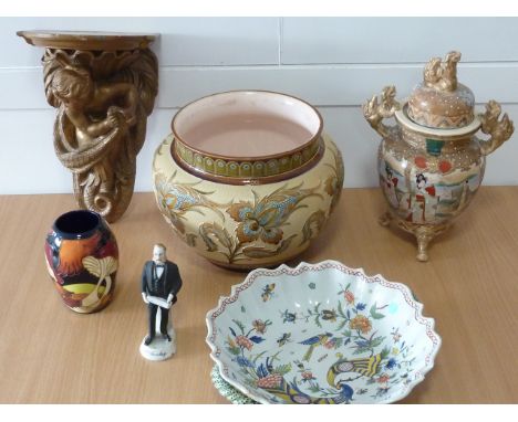 ADDED LOT     Various ceramics to include a Japanese Satsuma Koro and Cover, a Mettlach Art Pottery Jardiniere Bowl, a Faienc