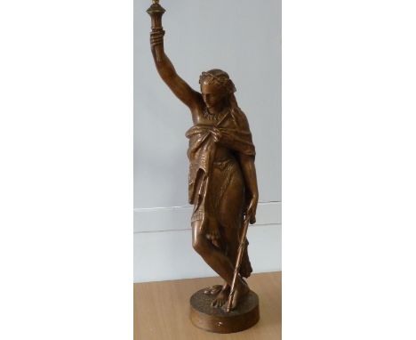 ADDED LOT    A large 19th century bronzed cast iron Lamp modelled as a female warrior wearing a big-cat skin; total height of