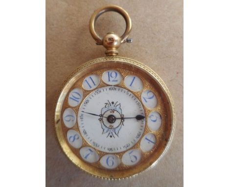 A ladies late-19th / early-20th century yellow metal (marked K13) Pocket Watch, the unusual white enamel dial with Arabic num