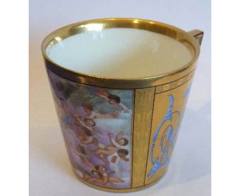 A 19th century Berlin Porcelain Coffee Can of tapering cylindrical form, angular handle and the gilded body decorated with ne