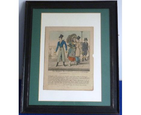 An oak framed and glazed (later) hand coloured early 19th Century humorous Engraving "The Terrified Dandies. A Scene on Carli