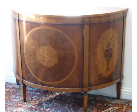 A good late 18th Century style Demi Lune mahogany and king wood crossbanded bow fronted Commode, single concave door withdeco