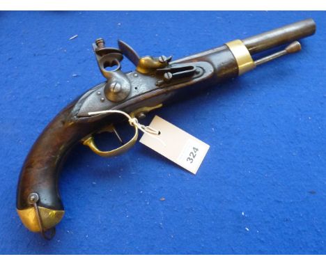 An early 19th century French .69 Model An XIII flintlock pistol; rare 9" octagonal barrel tapering to tube at the band and ma