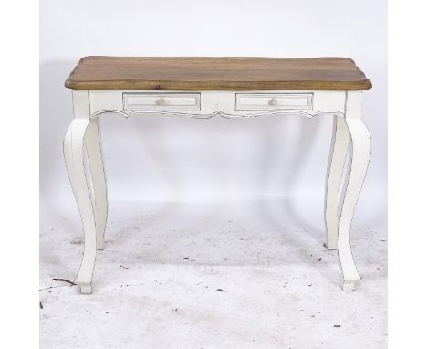 A painted and polished console table, with 2 frieze drawers, on cabriole legs, W101cm, H77cm, D40cm 