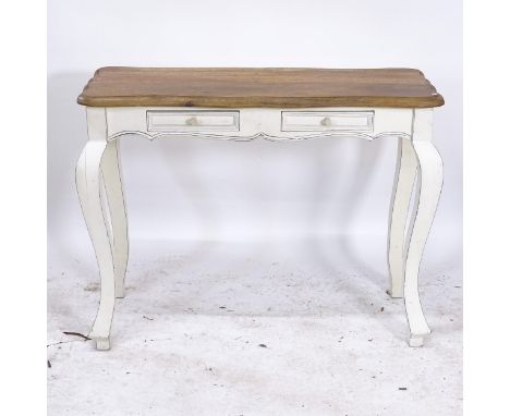 A painted and polished console table, with 2 frieze drawers, on cabriole legs, W101cm, H77cm, D40cm 