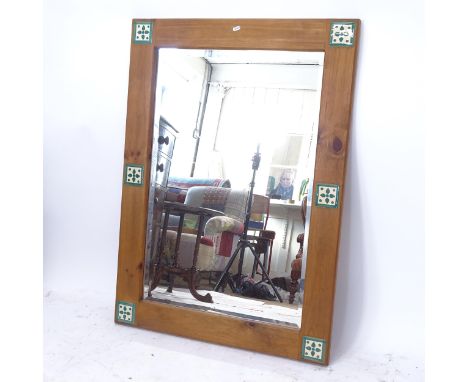 A modern pine-framed bevel-edge wall mirror, with tile insets, W80cm, H110cm 