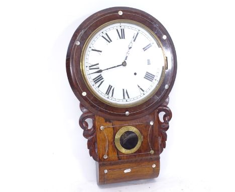 A 19th century rosewood drop-dial wall clock, single train movement, with pendulum, H68cm 