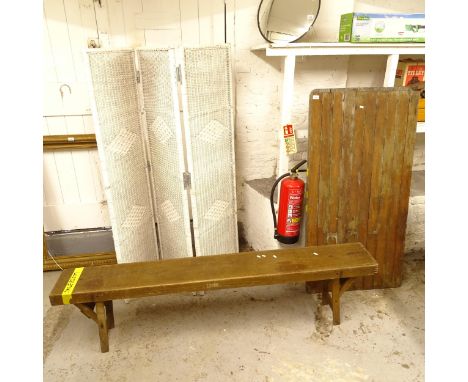 2 teak folding trestle tables, a white wicker 3-fold screen, and a folding bench (4) 