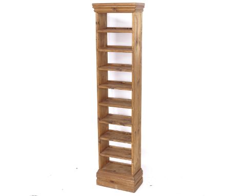 A narrow pine 9-shelf open bookcase, W37cm, H160cm, D20cm, shelf depth 16cm 