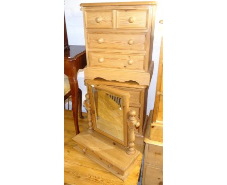 A pair of pine 3-drawer bedside chests, W50cm, and a dressing table mirror 