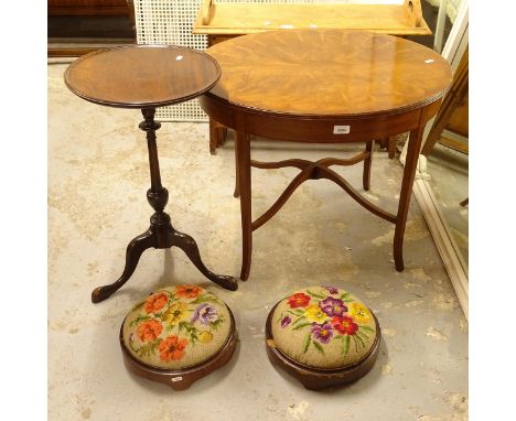 A pair of Victorian upholstered button footstools, a tripod table, and an oval mahogany occasional table (4) 
