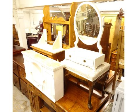 A painted pine hanging cabinet, a polished pine side cabinet, hanging shelves, toilet mirror, piano stool etc (6) 