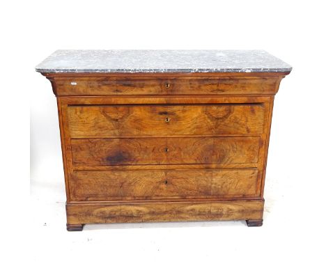 A 19th century walnut commode, with a speckled white and grey marble top, and 4 long drawers, W130cm, H97cm, D59cm 