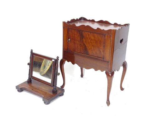 A Georgian style tray-top bedside cabinet, with tambour front, and a small 19th century mahogany swing toilet mirror (2) 