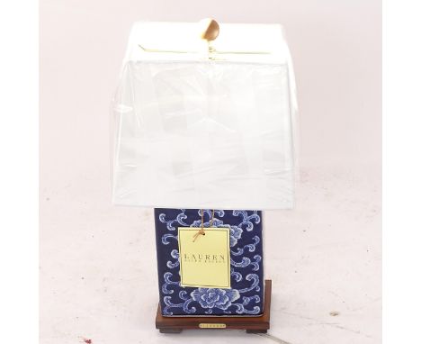 A new Ralph Lauren Home Chinese style blue and white ceramic table lamp and shade, no. 166764, height including shade 44cm 