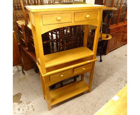 A pair of modern oak 2-drawer console tables, W90cm, H77cm, D35cm 