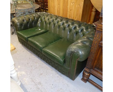 A green button-back leather-upholstered Chesterfield settee, L190cm, H68cm, seat height 44cm and depth 65cm, overall depth 90