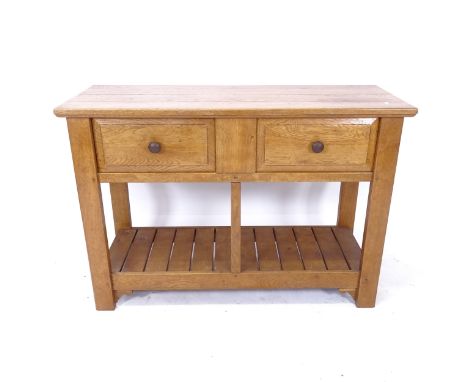 A modern solid oak server, with 2 frieze drawers and a shelf below, W126cm, H88cm, D48cm 