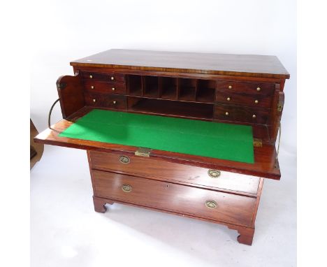 An Antique mahogany secretaire chest, 3 further long drawers, on ogee bracket feet, W117cm, H114cm, D56cm 