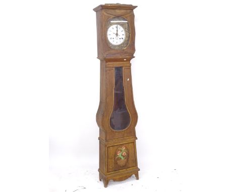 An Antique pine-cased French comtoise clock, with enamel dial, pendulum and 2 weights, H221cm 