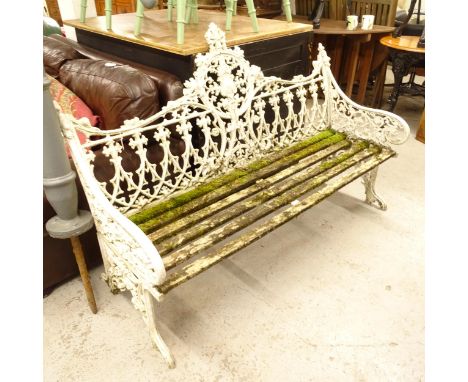 A decorative Gothic style painted metal garden bench, with slatted seat, L150cm 