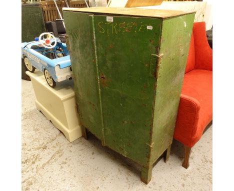 A Vintage industrial green painted metal 2-door workshop cabinet, W73cm, H108cm, D32cm 