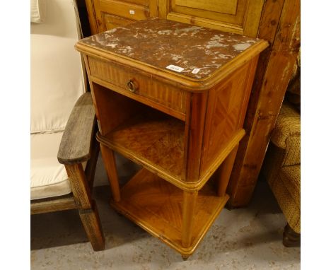 A French walnut and satinwood-banded marble-top bedside cabinet, with single drawer, W45cm, H82cm, D35cmFair condition. Marbl