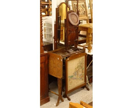An oak barley twist 2-tier trolley, a folding cake stand, a walnut-framed cheval mirror etc (5) 