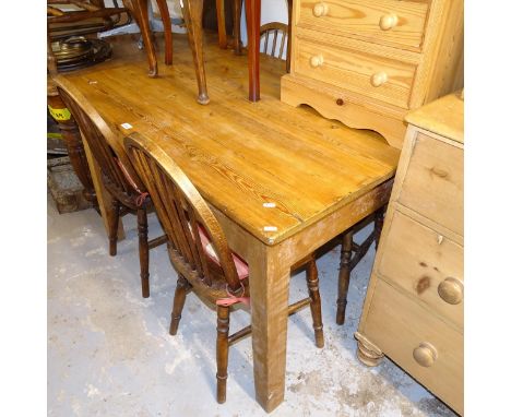 A pine plank-top kitchen table, W122cm, together with a set of 4 Vintage elm-seated stick-back kitchen chairs 