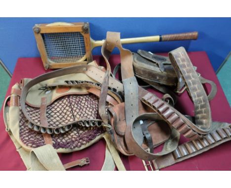 Vintage badminton racket, canvas and leather trimmed game bag, various leather cartridge belts and cartridge bags 