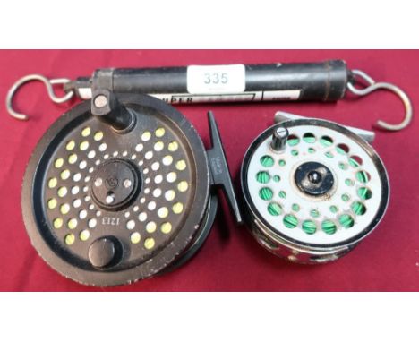 Hardy DT61 fly reel, a salmon reel and a Salter Super Samson fishing scales 