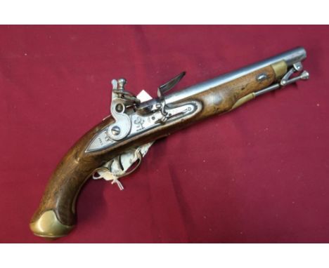 Light Dragoons flintlock 16 bore holster pistol with 9 inch barrel stamped with various proof marks and stirrup steel ramrod 