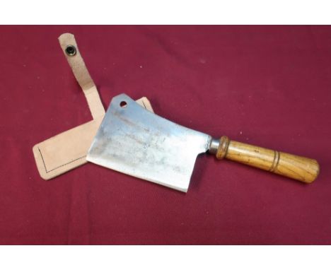 Vintage TS and L hatchet with turnwood handle and leather sheath 