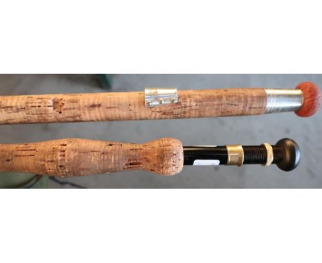 Two piece vintage split can fly rod, another 2 piece split cane carp rod by M K N, and a 4 piece split cane salmon by W J Cum