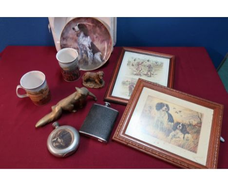 Quantity of country sporting related items, including various framed prints, collectors plates, brass foxes, tankards, cerami