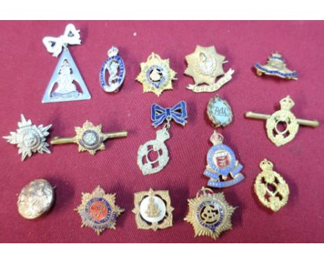 Fifteen assorted sweetheart brooches and military lapel badges for various regiments including silver &amp; enamel, staybrigh