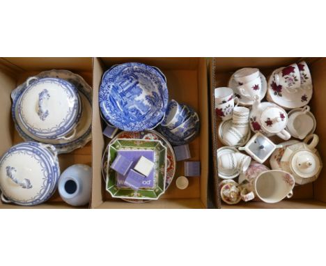 Three boxes of blue and white table ware, including Copeland Spode and Pountney together with other tableware including Royal